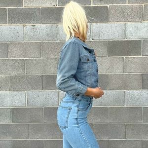 Vintage i love h81 women's small blue pinstriped denim jacket